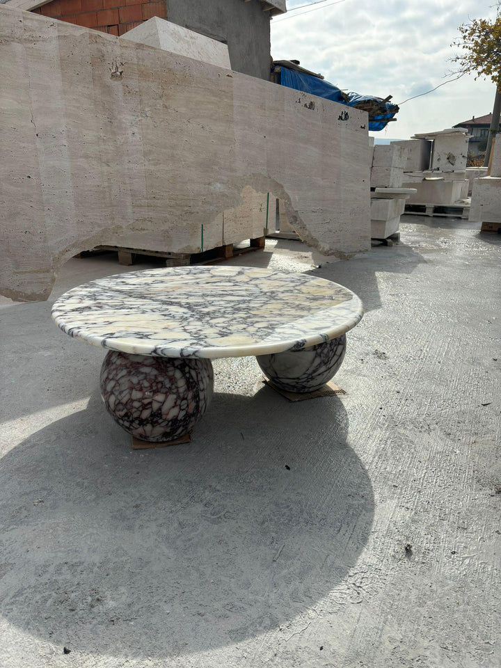 Italian Calacatta Viola Marble Coffee Table: Hand Carved Round Legs