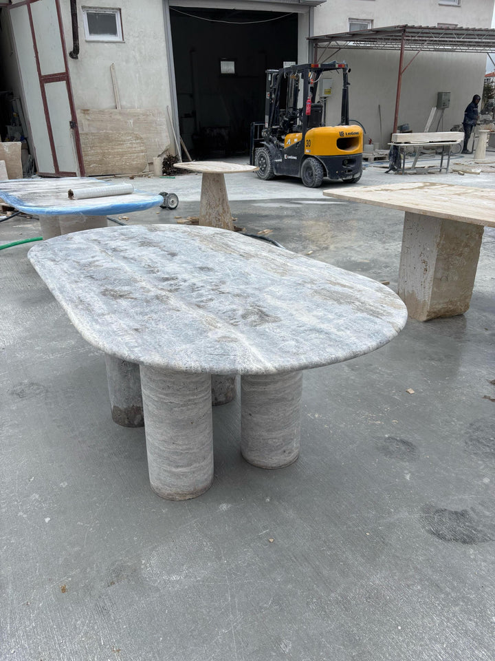 Handmade Silver Travertine Marble Dining Table, Beige Living Room Table