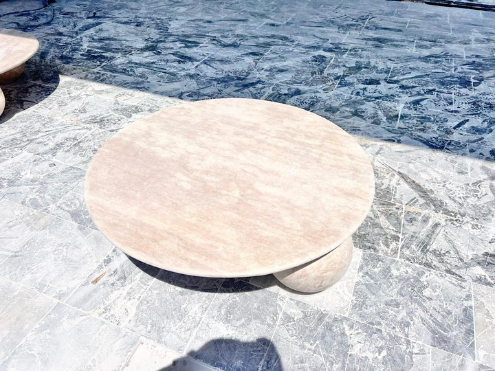 Beige Travertine Round Coffee Table – Natural Stone Living Room Decor