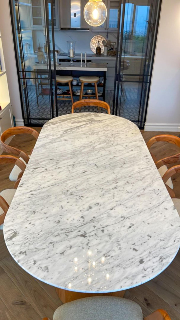 Handmade Carrara Marble Dining Table, Wooden Legs, Custom Stone Table