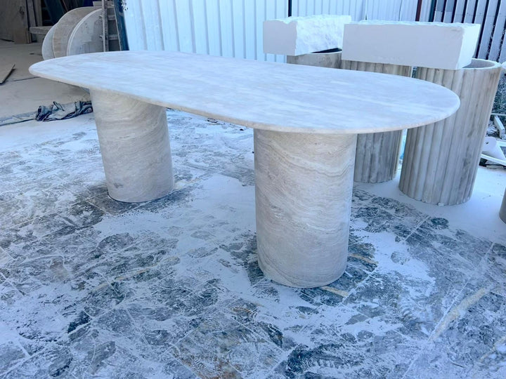 Handmade Honed Travertine Oval Dining Table – Cylindrical Base