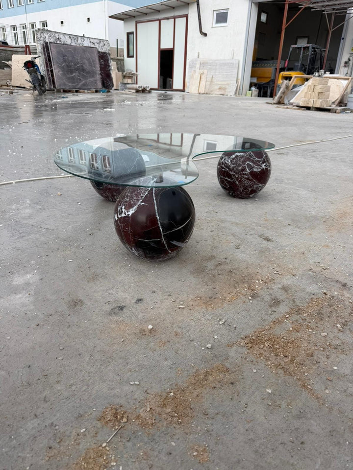 Rosso Levanto Marble Coffee Table – Round Ball Design, Handmade Glass Table Top