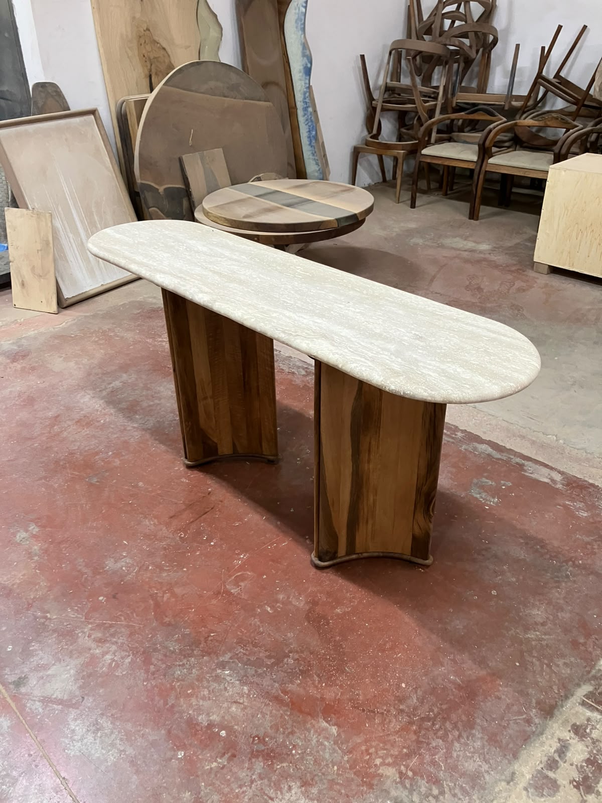 Serene - Travertine Console Table with Walnut Wood Base