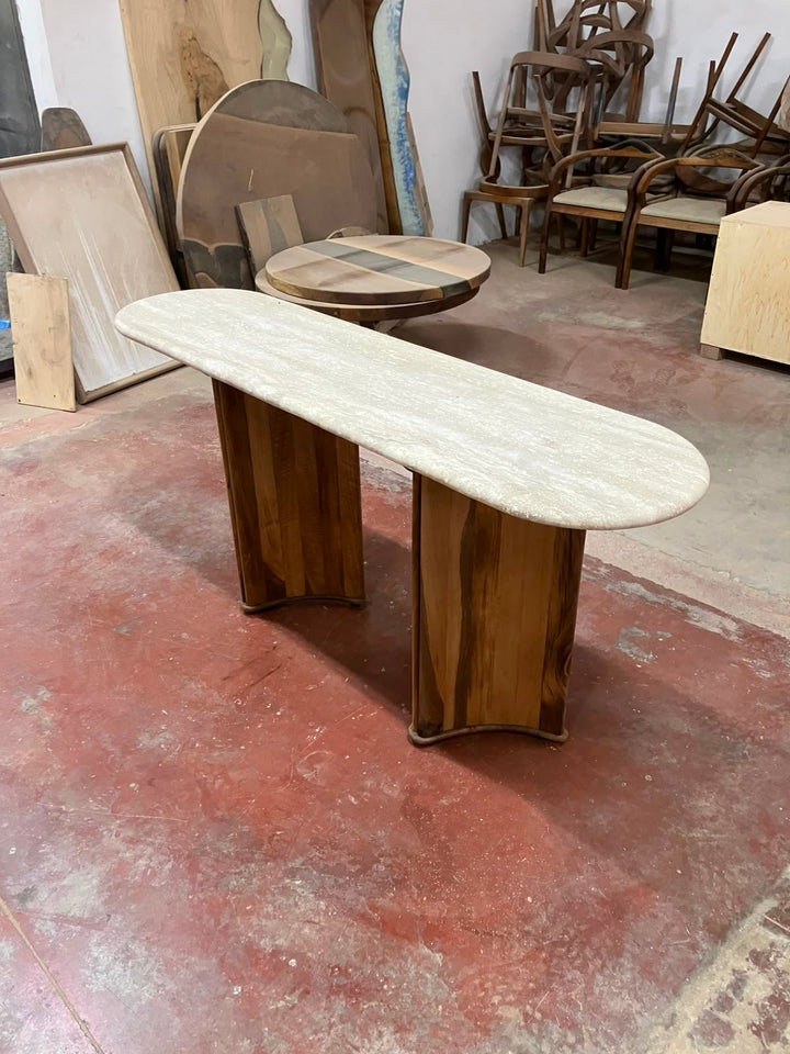 Serene - Travertine Console Table with Walnut Wood Base