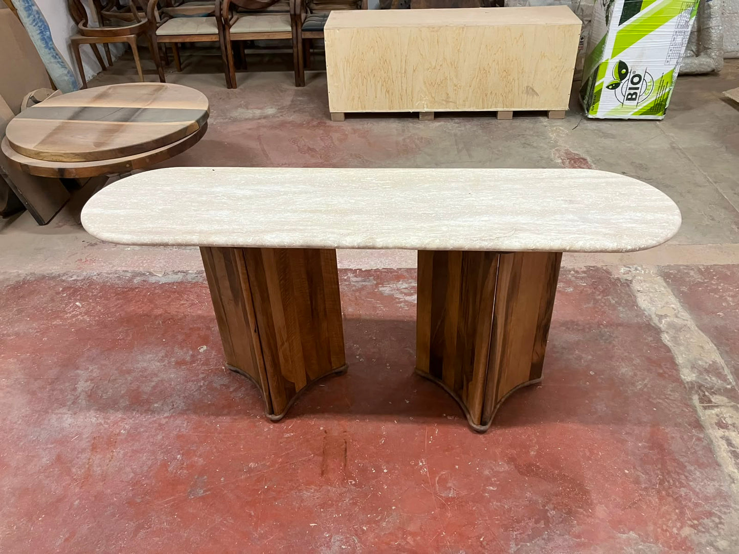 Serene - Travertine Console Table with Walnut Wood Base