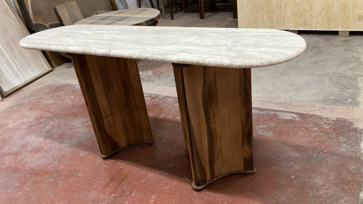 Serene - Travertine Console Table with Walnut Wood Base