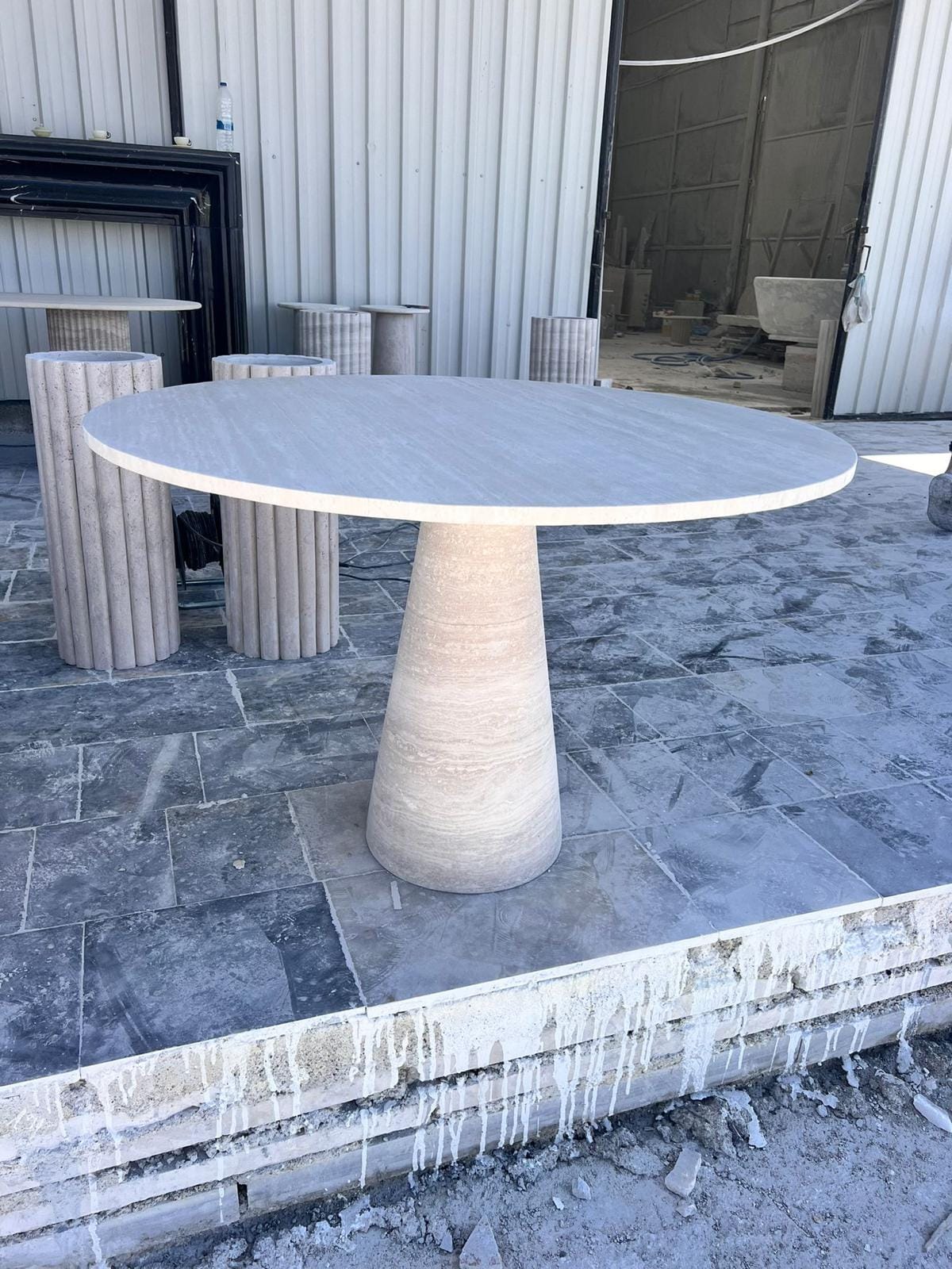 Round Travertine Dining Table: Stone Pedestal Base, Custom Size