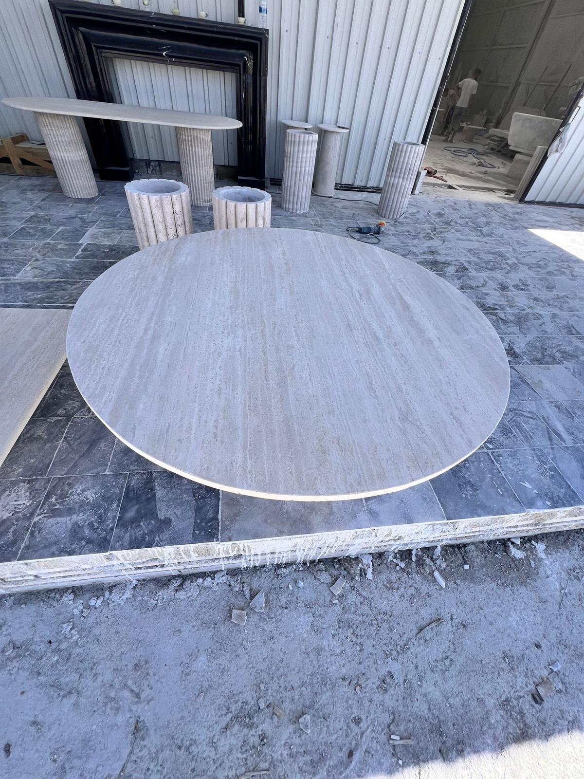 Round Travertine Dining Table: Stone Pedestal Base, Custom Size