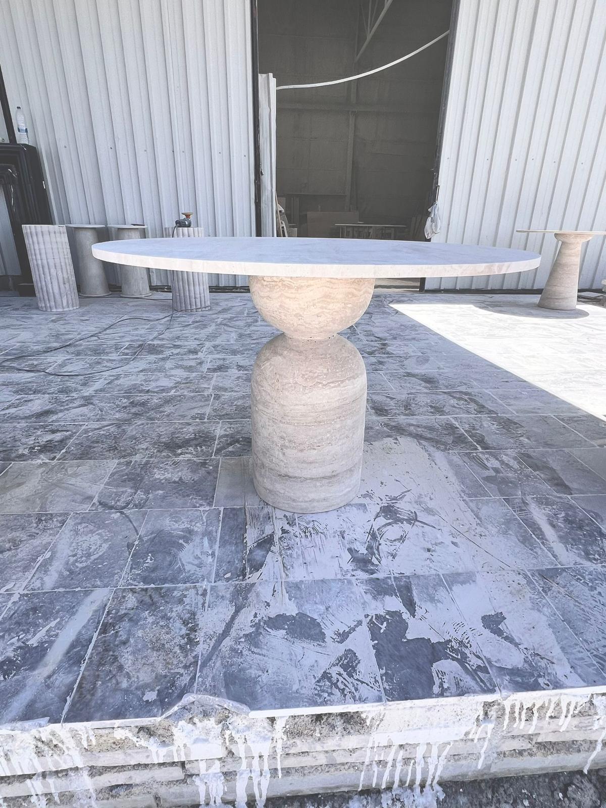 Round Travertine Dining Table: Stone Pedestal Base, Custom Size