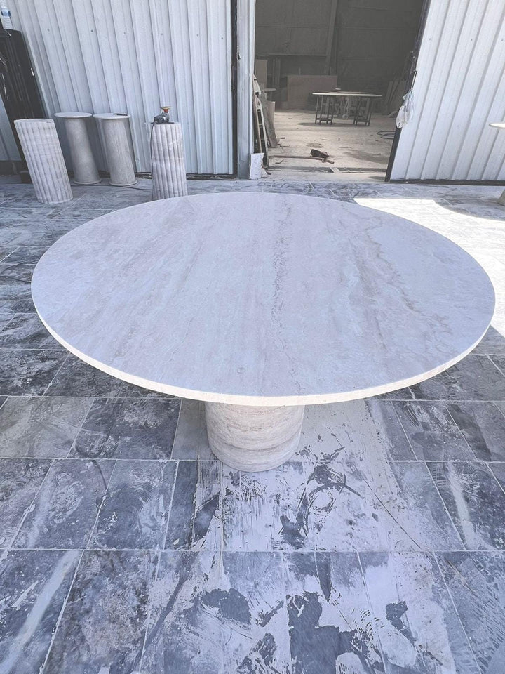 Round Travertine Dining Table: Stone Pedestal Base, Custom Size