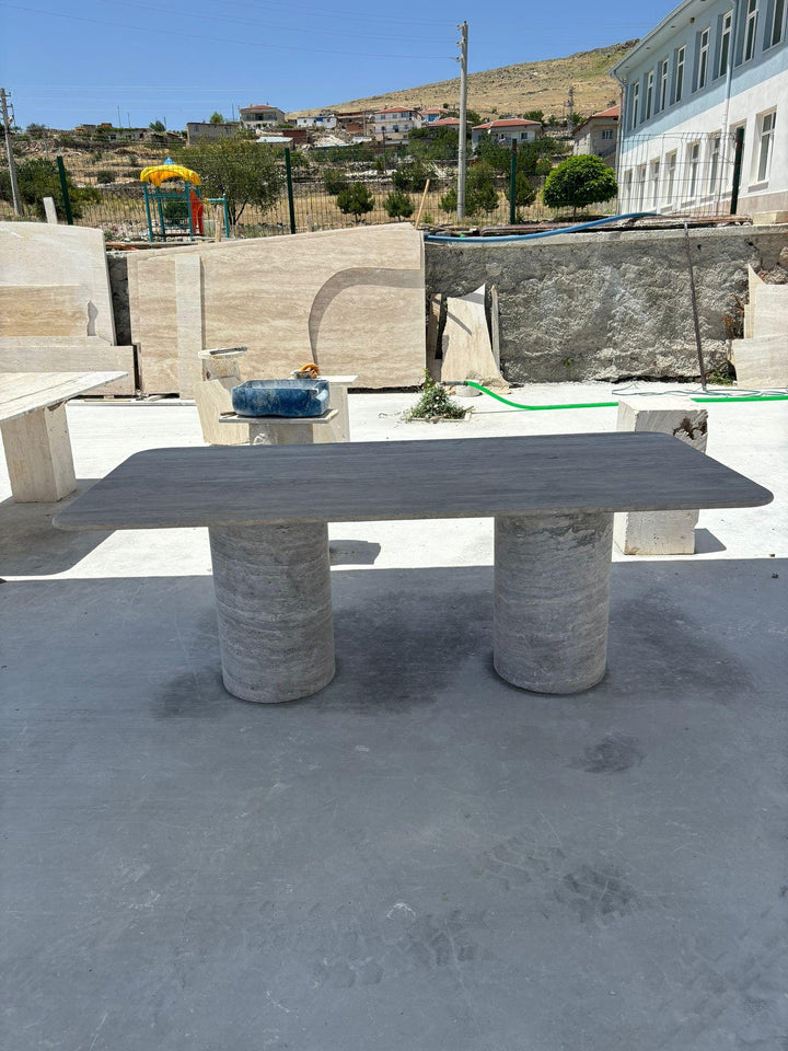 Custom Travertine Dining Table: Rectangular Stone Table with Round Legs