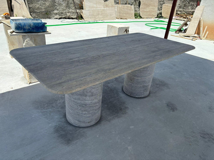 Custom Travertine Dining Table: Rectangular Stone Table with Round Legs