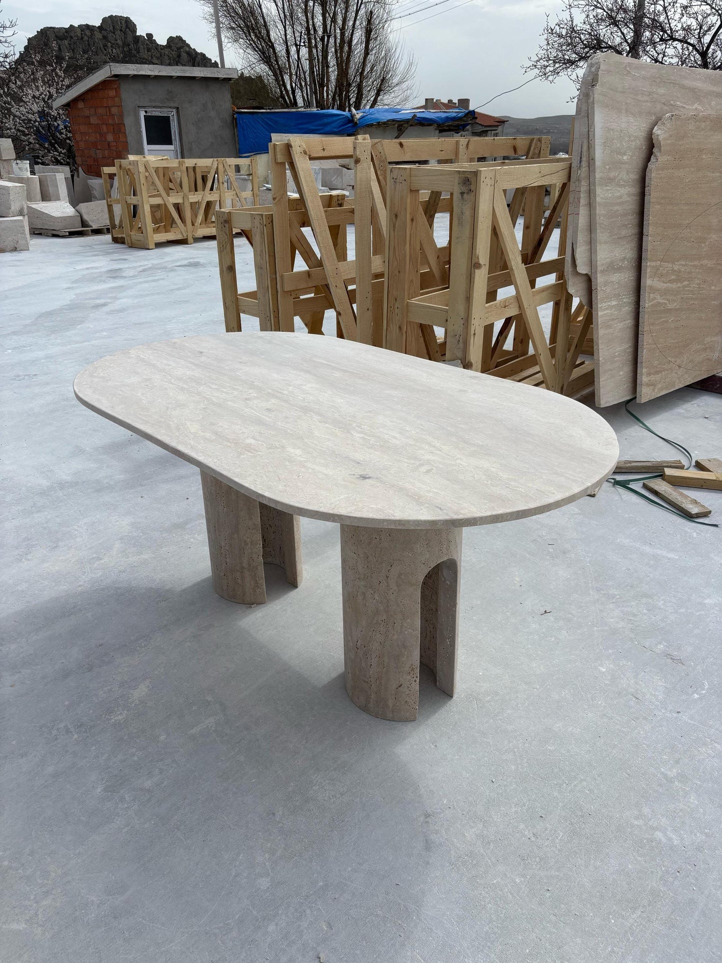 Travertine Oval Dining Table, Modern Stone Dinette, Customizable