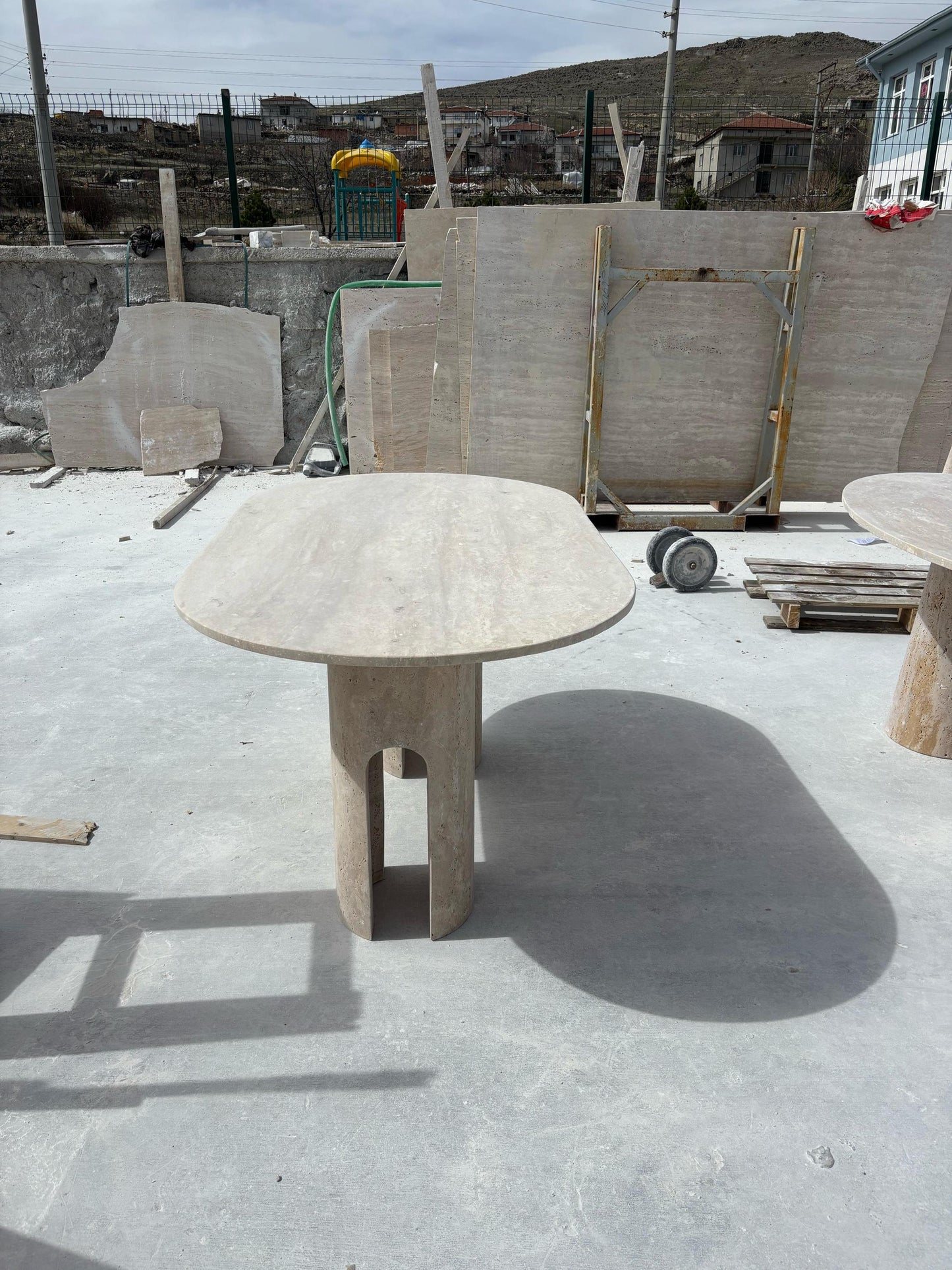 Custom Travertine Dining Table, Beige Marble, Living Room Table
