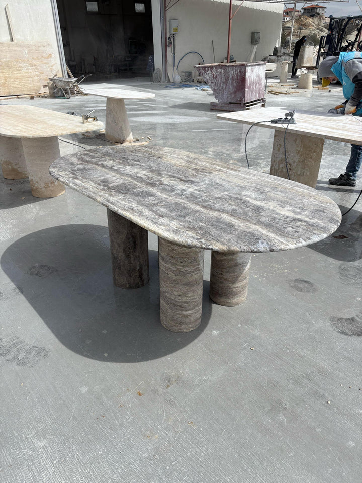 Handmade Silver Travertine Marble Dining Table, Beige Living Room Table