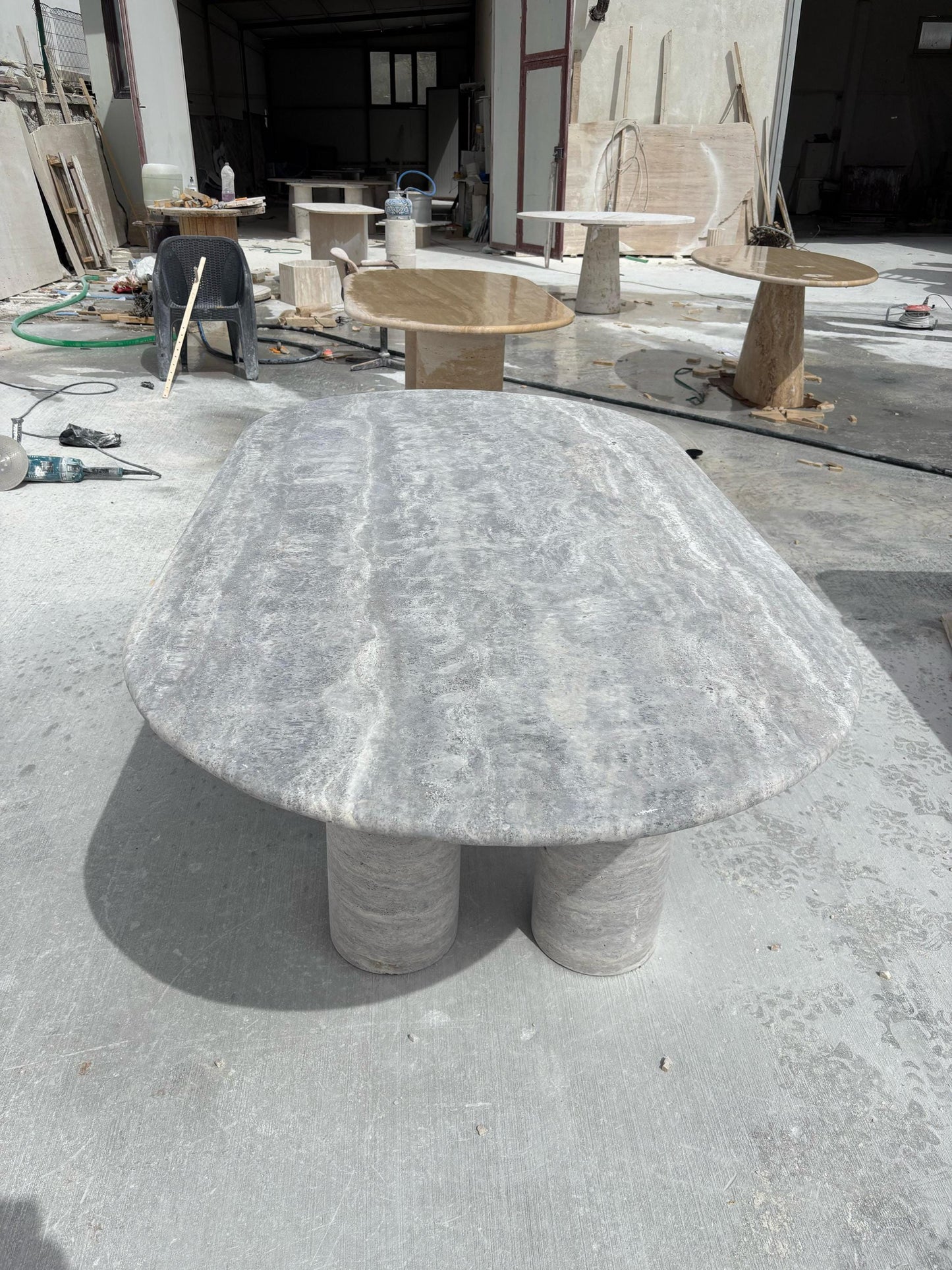 Handmade Silver Travertine Marble Dining Table, Beige Living Room Table