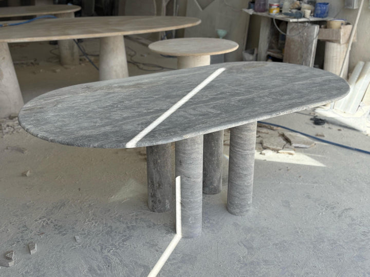Handmade Silver Travertine Dining Table, Modern Stone Table