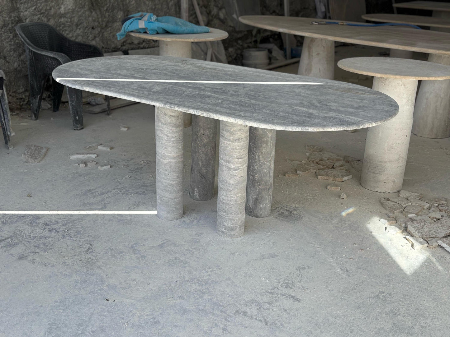 Handmade Silver Travertine Dining Table, Modern Stone Table