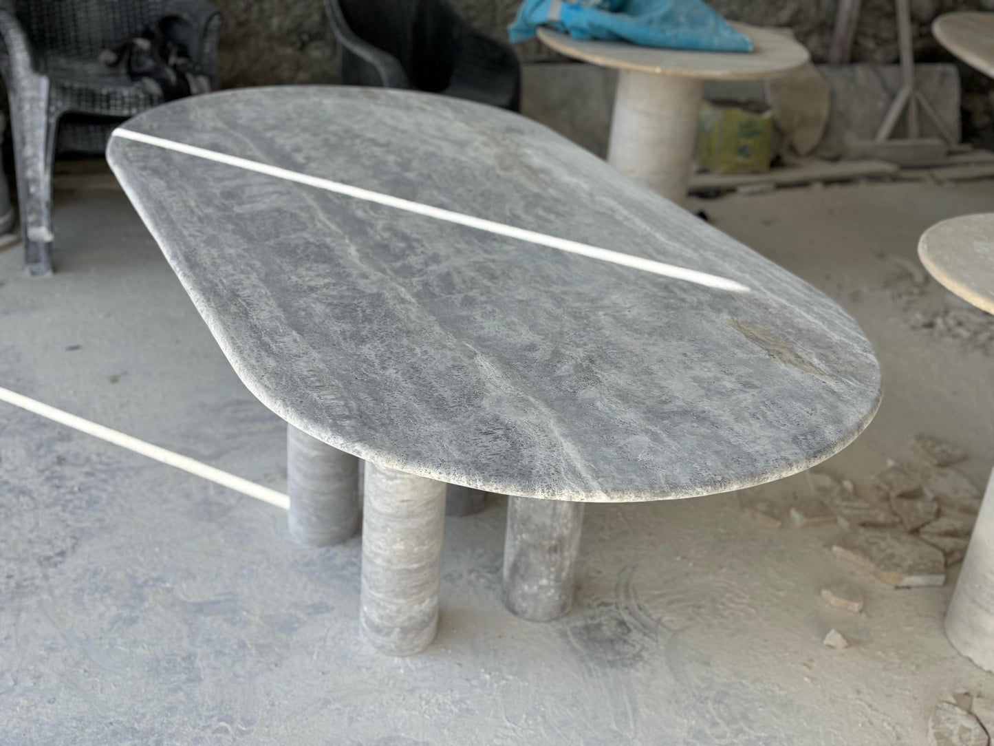 Handmade Silver Travertine Dining Table, Modern Stone Table