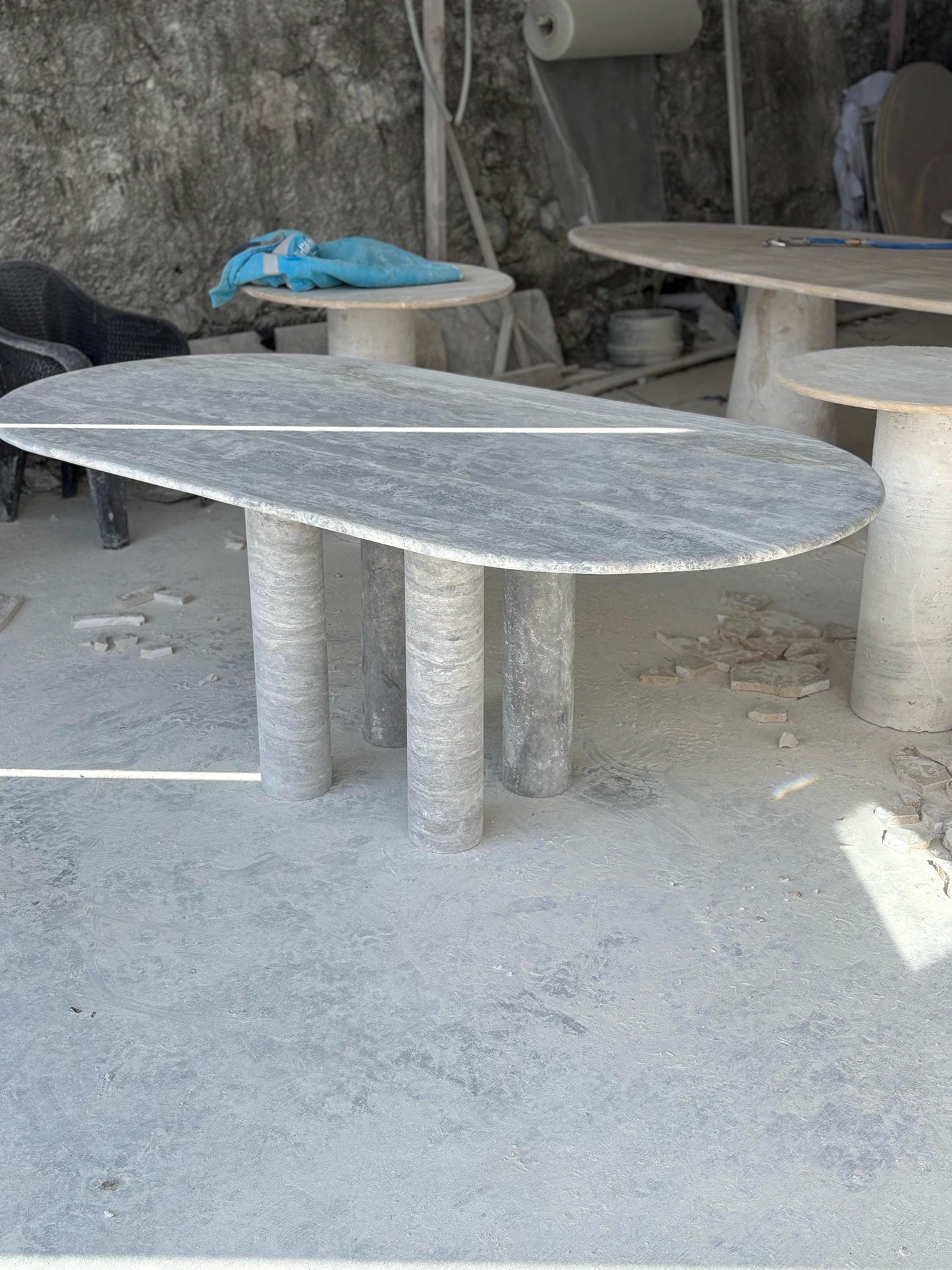 Handmade Silver Travertine Dining Table, Modern Stone Table