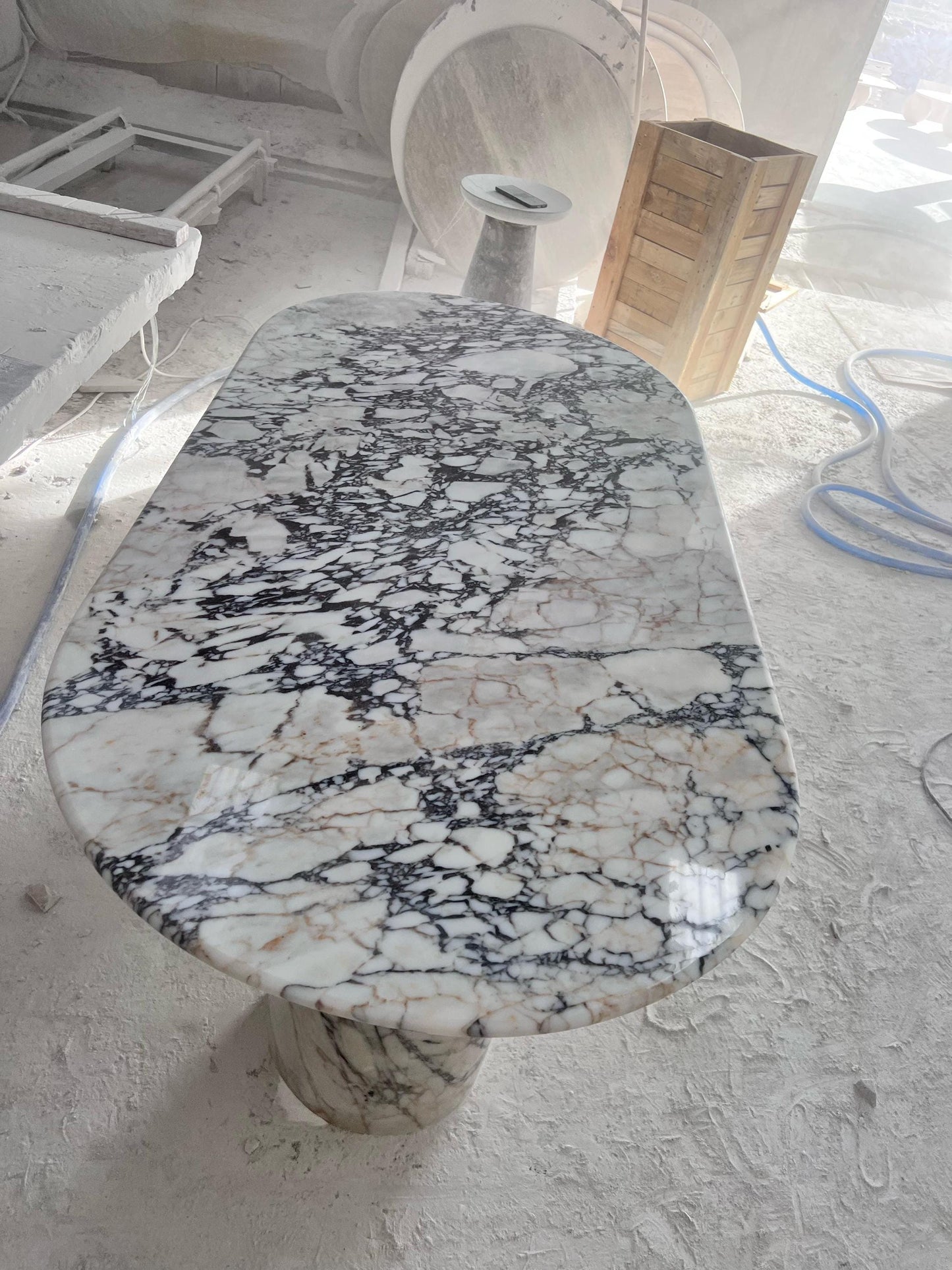 Handmade Calacatta Viola Marble Dining Table, Solid Stone Legs