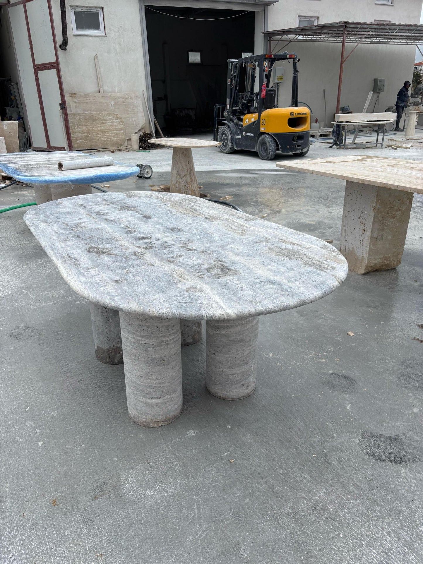 Handmade Silver Travertine Marble Dining Table, Beige Living Room Table