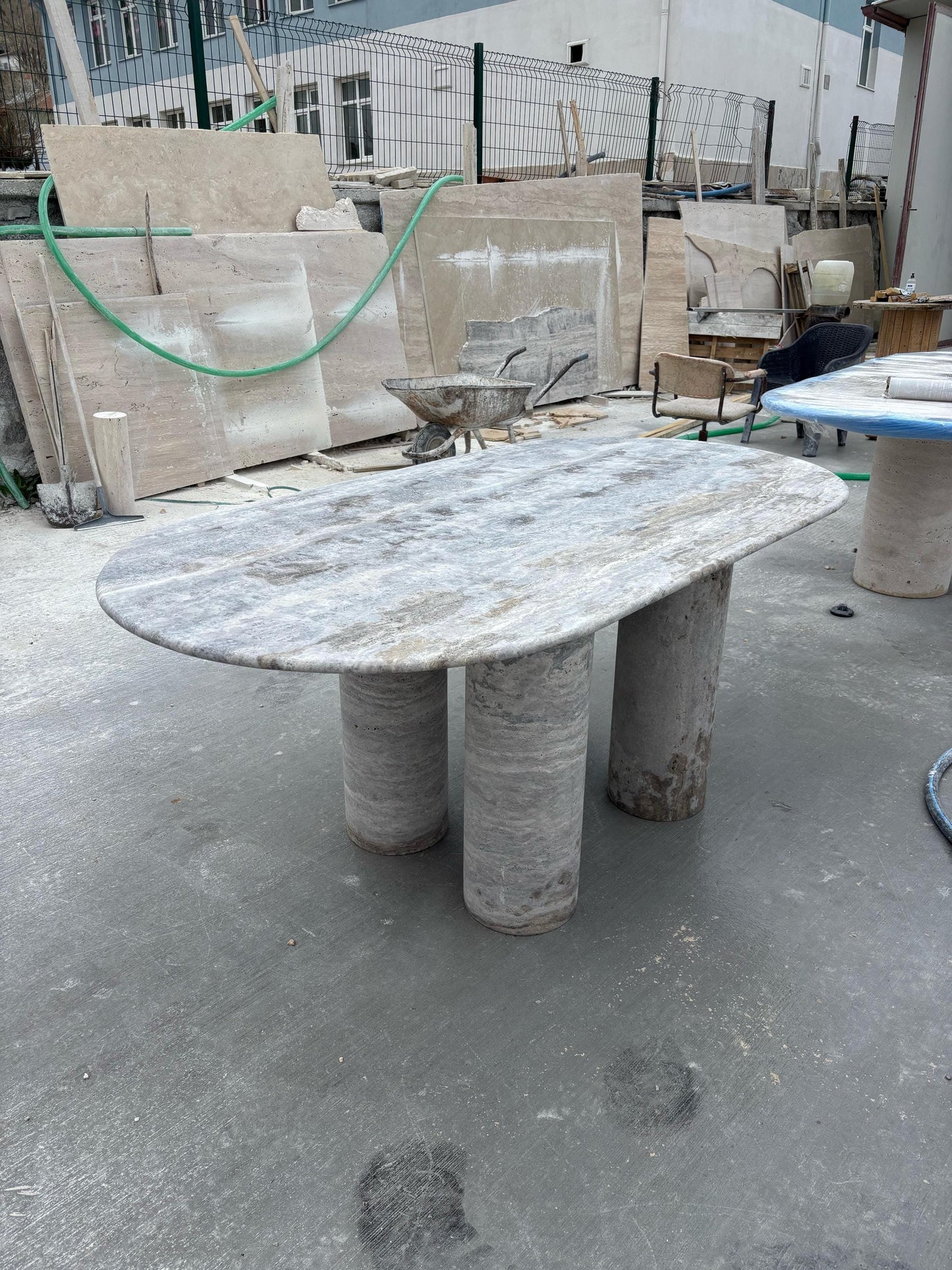 Handmade Silver Travertine Marble Dining Table, Beige Living Room Table