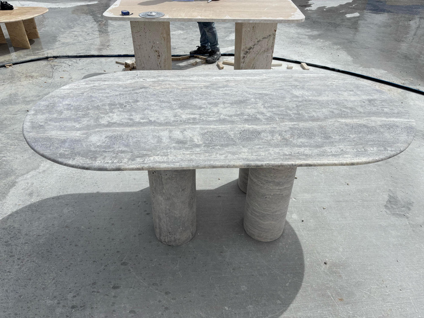 Handmade Silver Travertine Marble Dining Table, Beige Living Room Table
