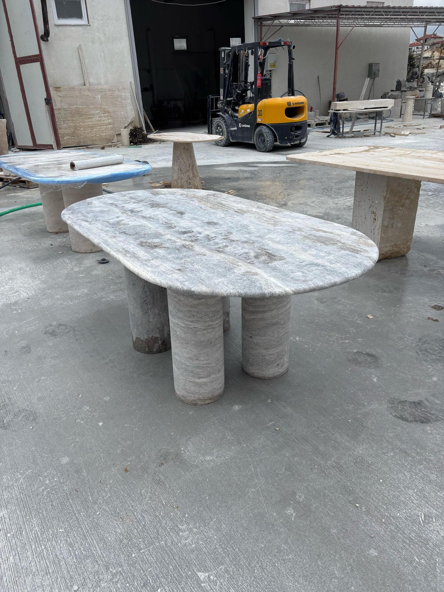 Handmade Silver Travertine Marble Dining Table, Beige Living Room Table