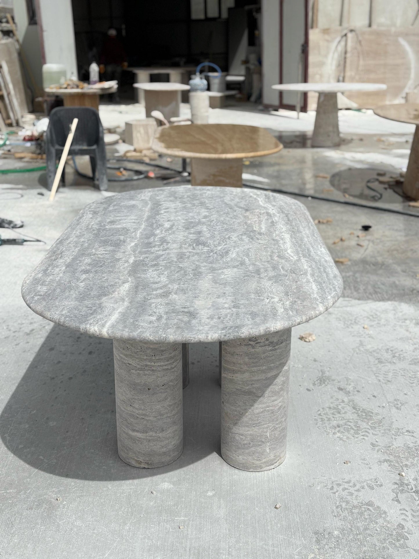 Handmade Silver Travertine Marble Dining Table, Beige Living Room Table