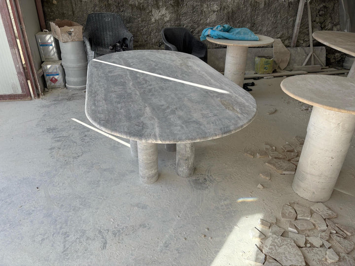 Handmade Silver Travertine Dining Table, Modern Stone Table