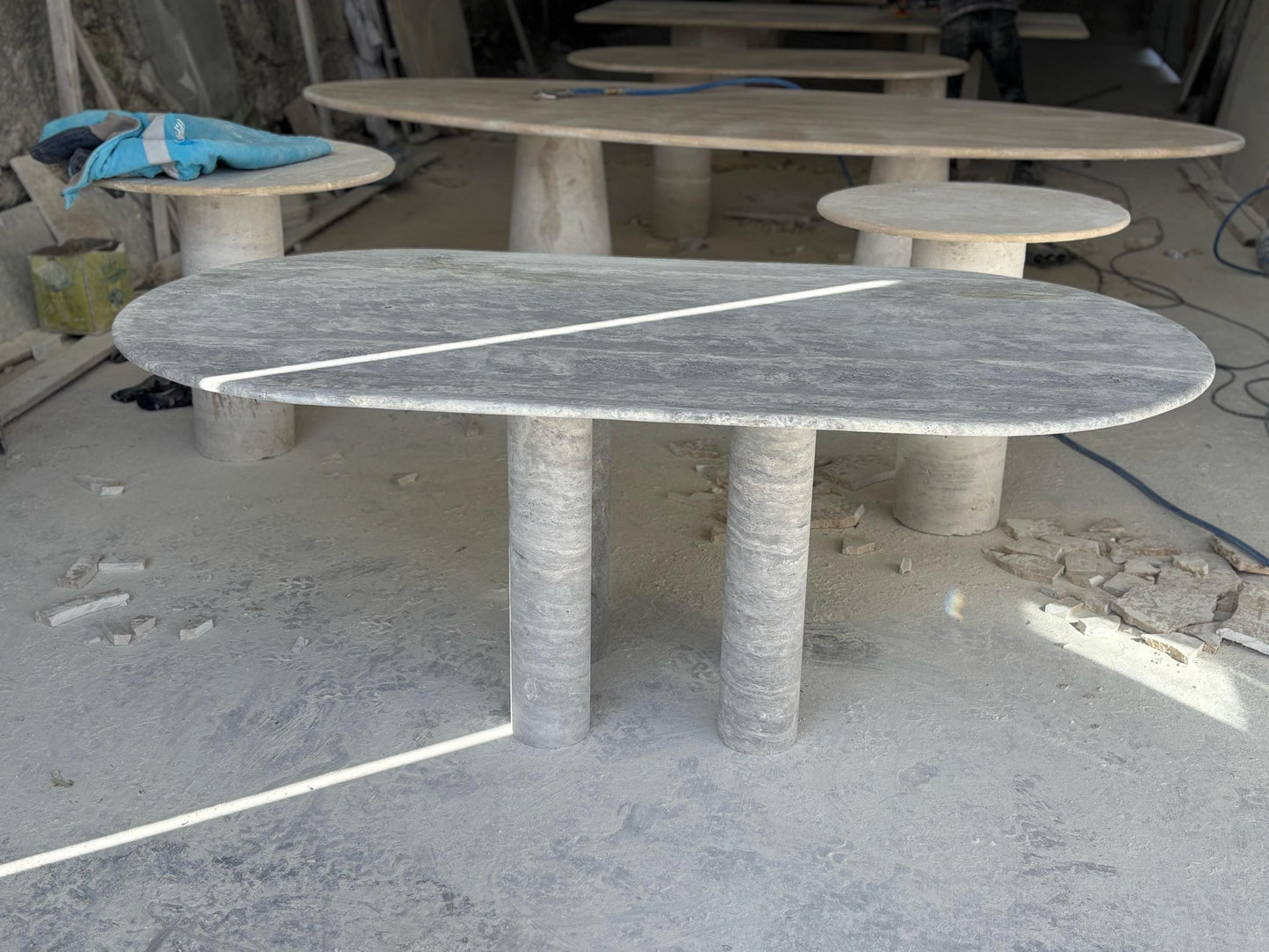 Handmade Silver Travertine Dining Table, Modern Stone Table