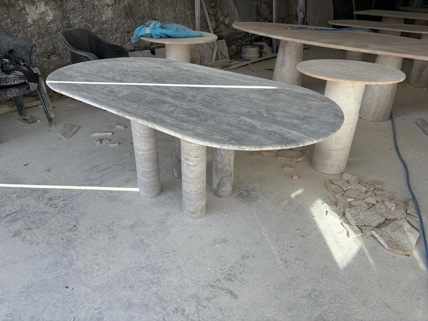 Handmade Silver Travertine Dining Table, Modern Stone Table