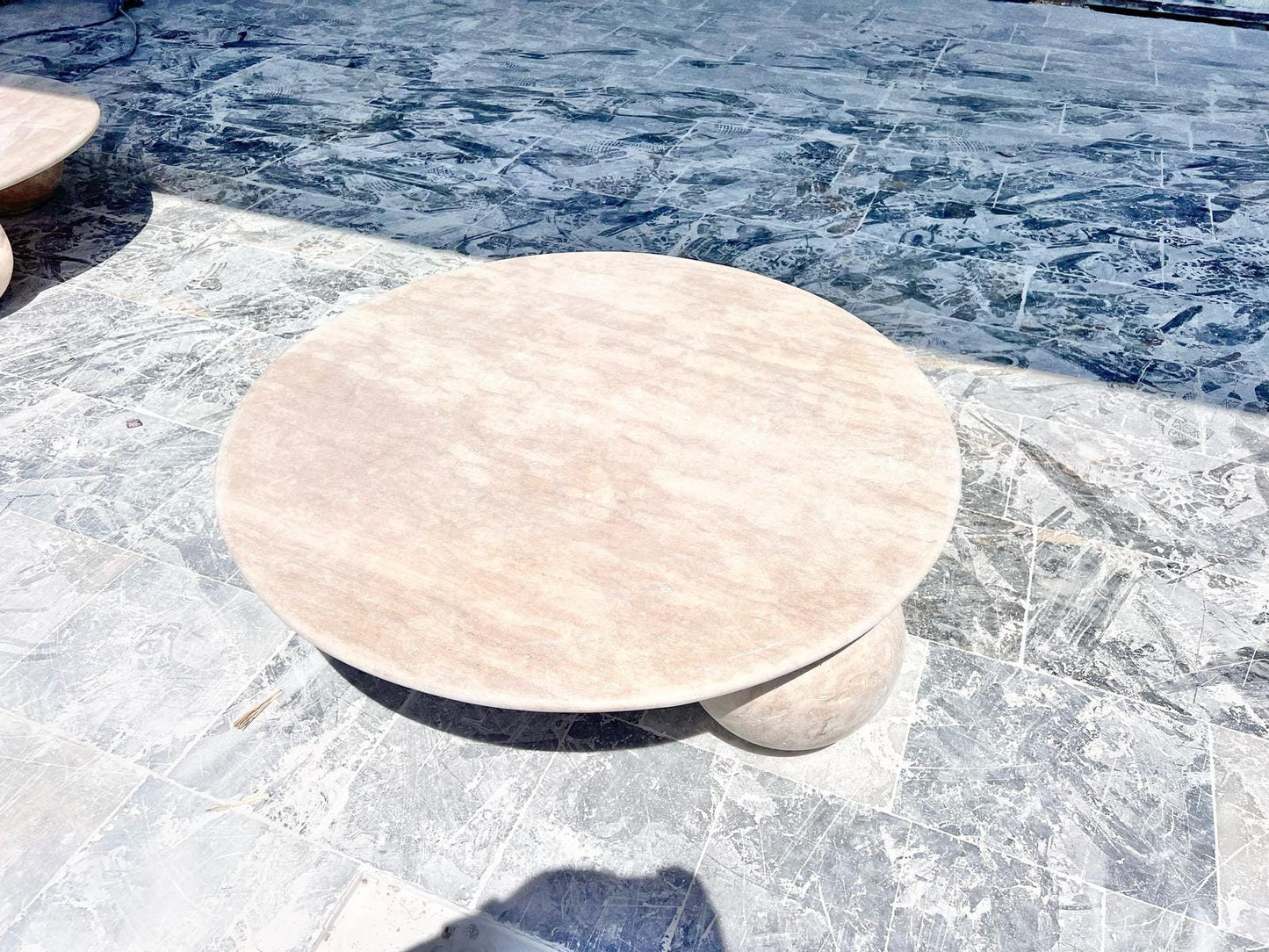Beige Travertine Round Coffee Table – Natural Stone Living Room Decor