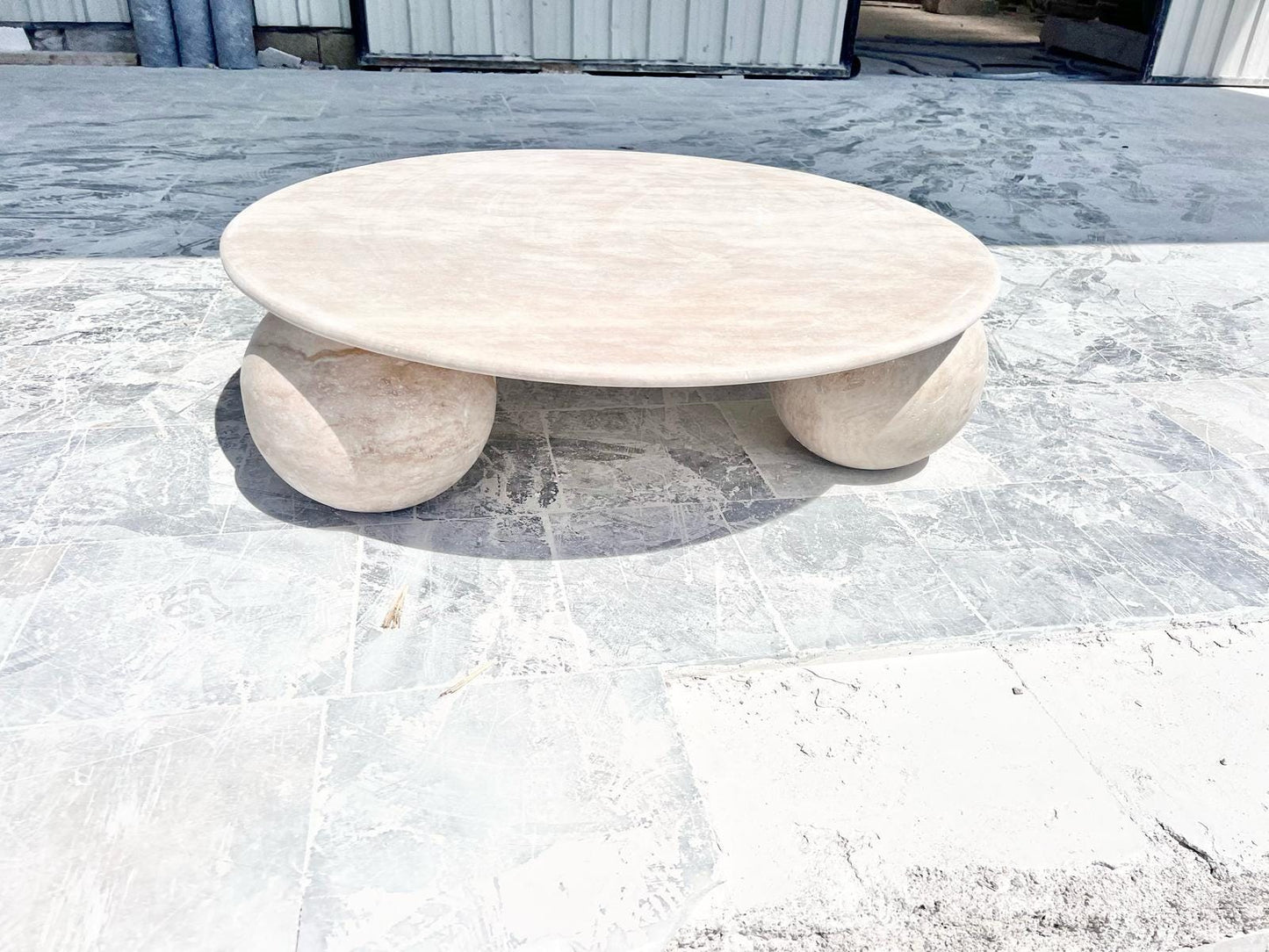 Beige Travertine Round Coffee Table – Natural Stone Living Room Decor