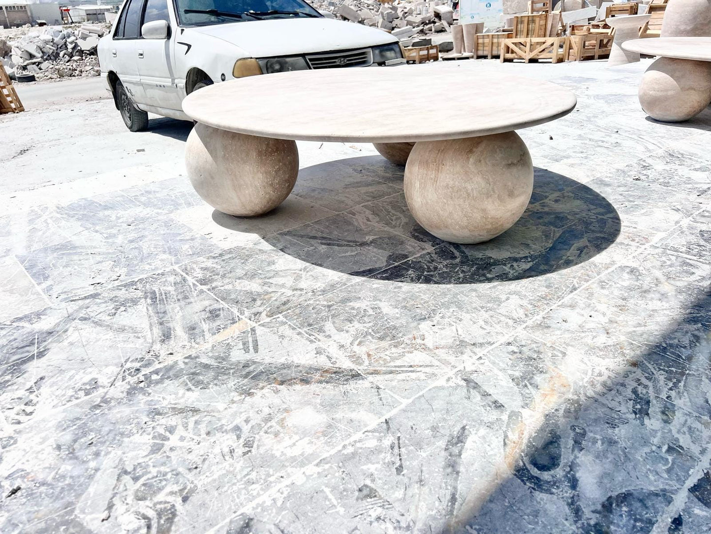 Beige Travertine Round Coffee Table – Natural Stone Living Room Decor