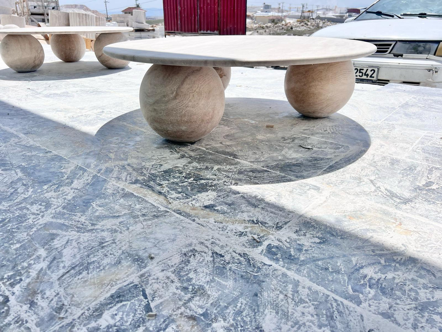Beige Travertine Round Coffee Table – Natural Stone Living Room Decor