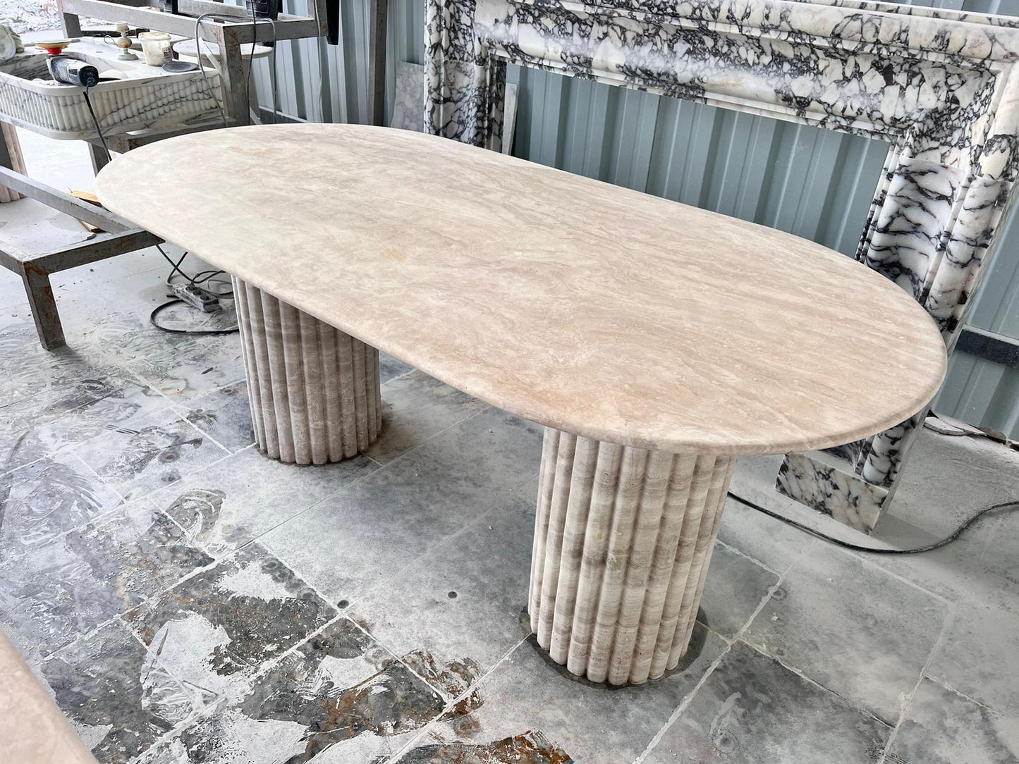 Oval Travertine Dining Table, Beige Marble Stone, Custom Kitchen Table