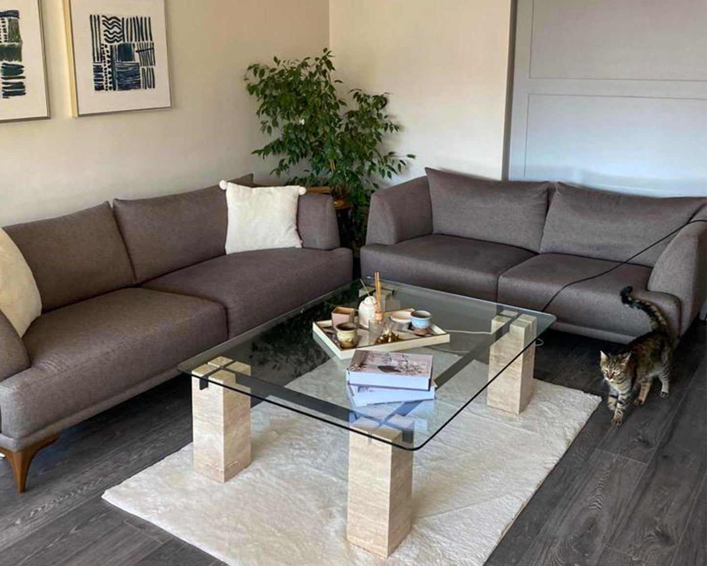 Travertine Glass Coffee Table, Marble Stone End Table