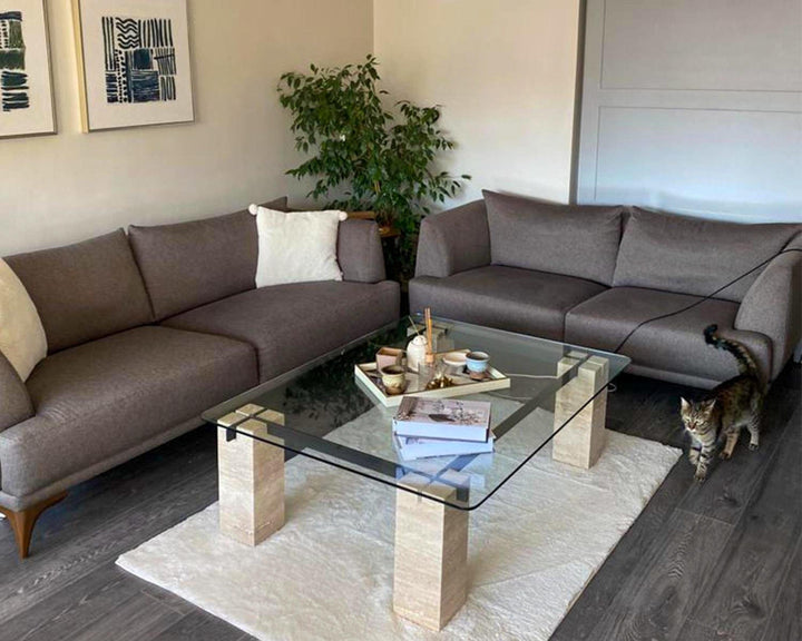 Travertine Glass Coffee Table, Marble Stone End Table