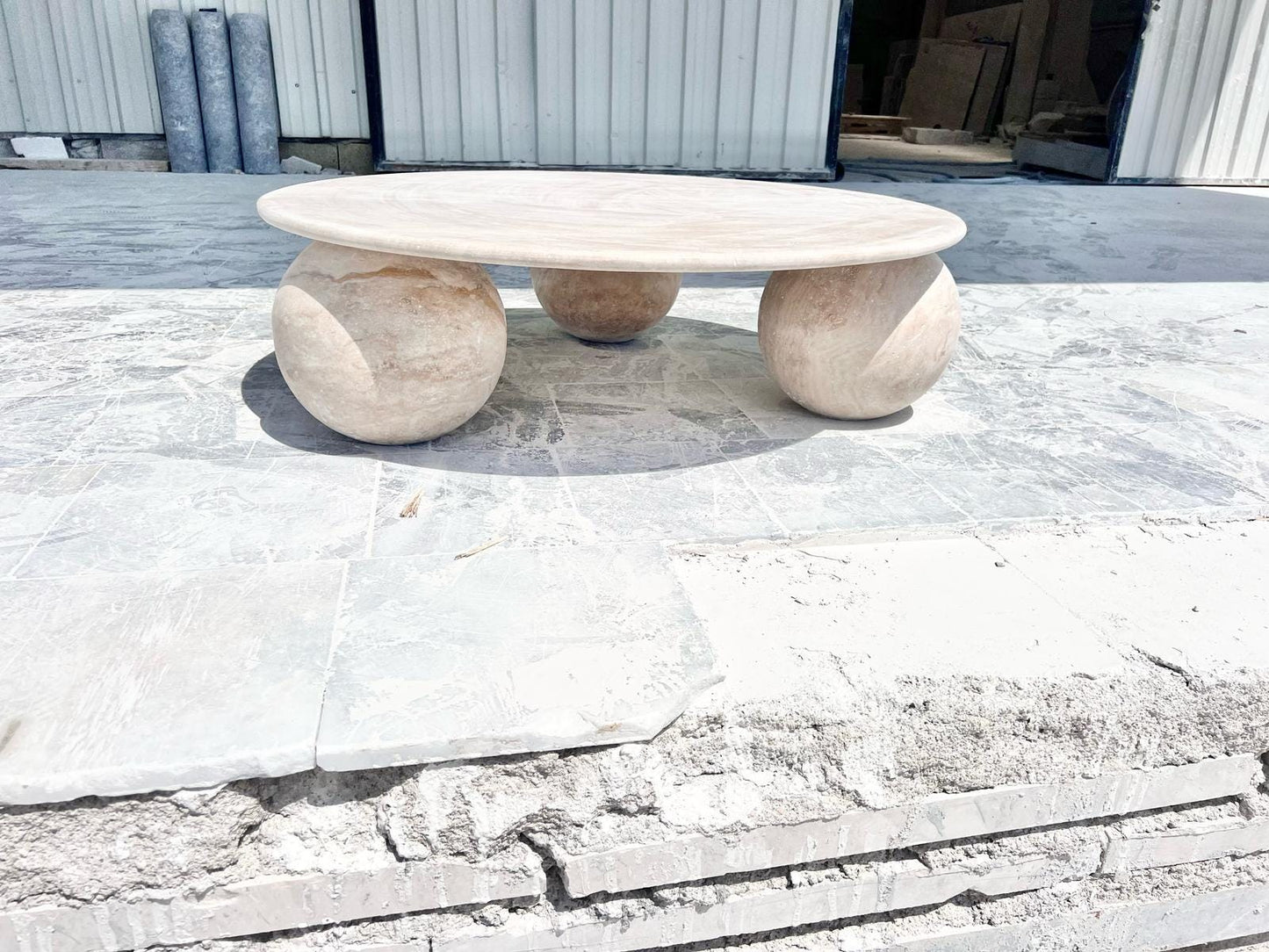 Beige Travertine Round Coffee Table – Natural Stone Living Room Decor