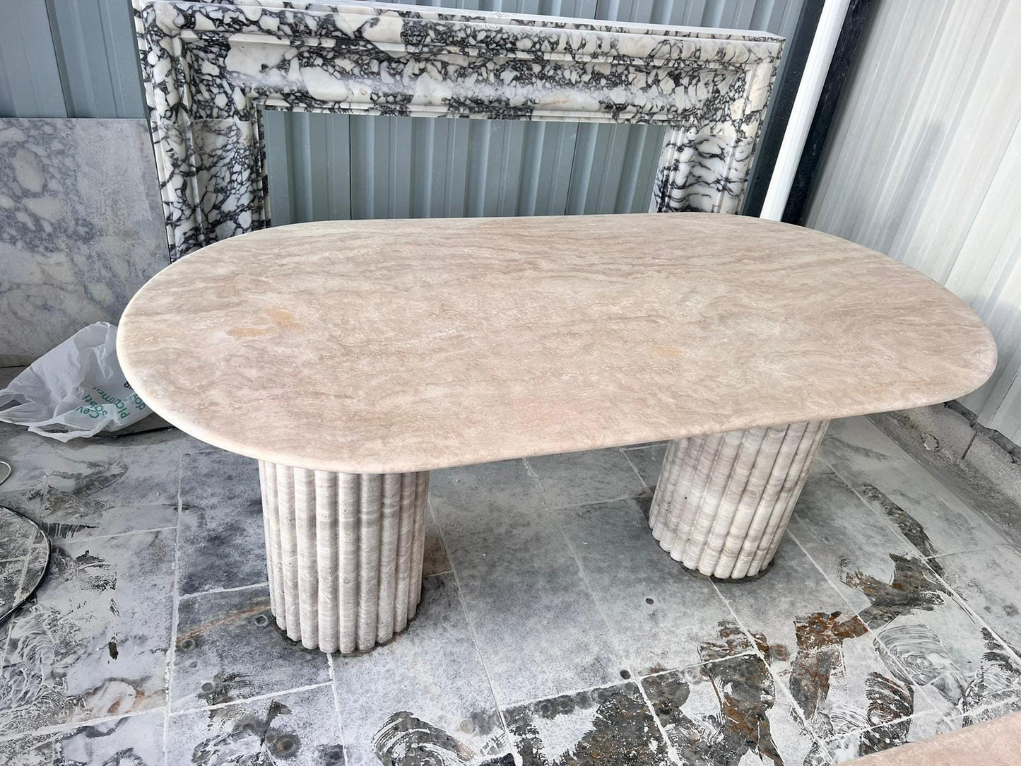 Oval Travertine Dining Table, Beige Marble Stone, Custom Kitchen Table