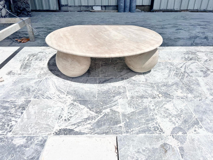 Beige Travertine Round Coffee Table – Natural Stone Living Room Decor