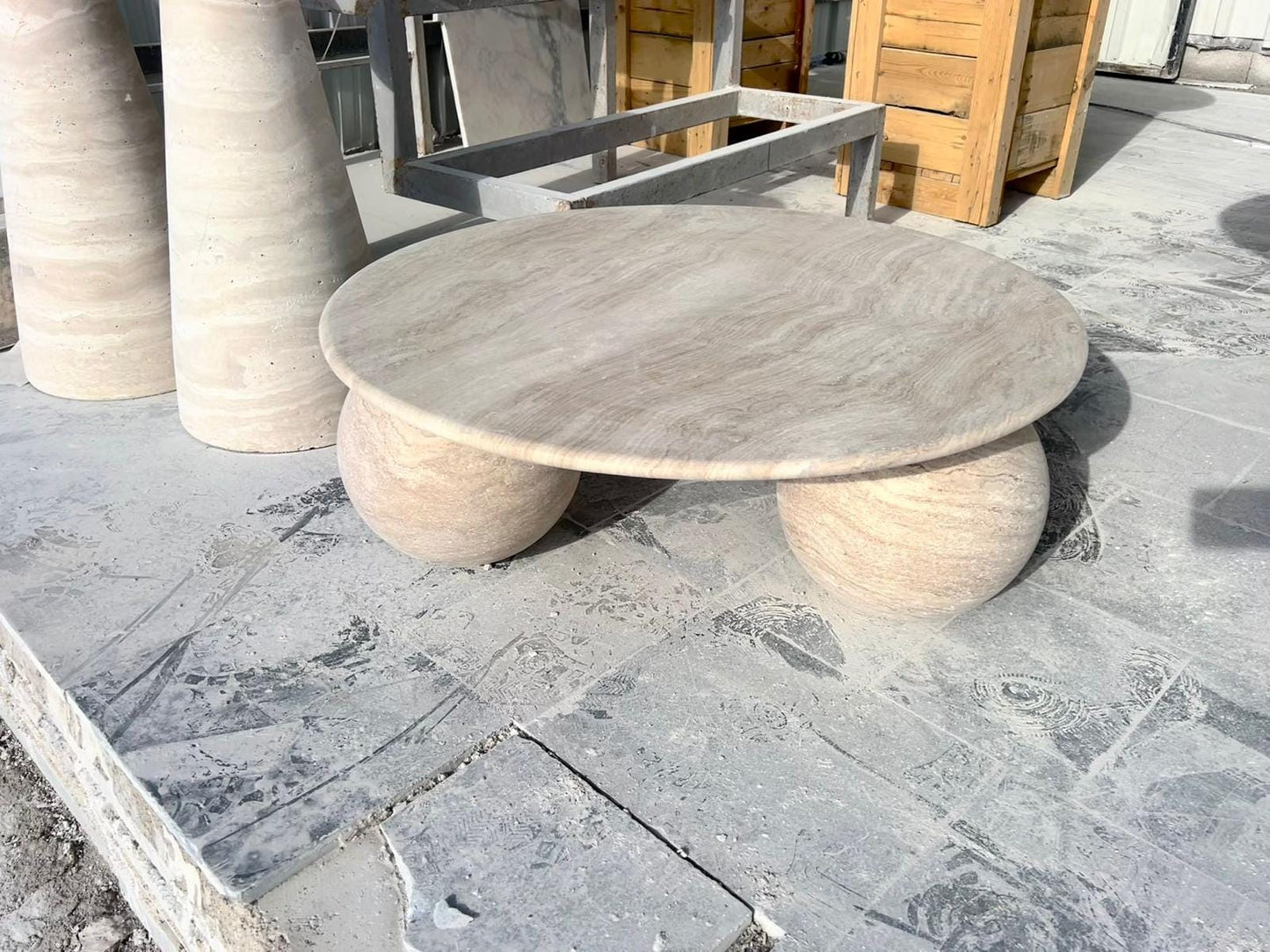Round Travertine Coffee Table, Beige Marble Side Table
