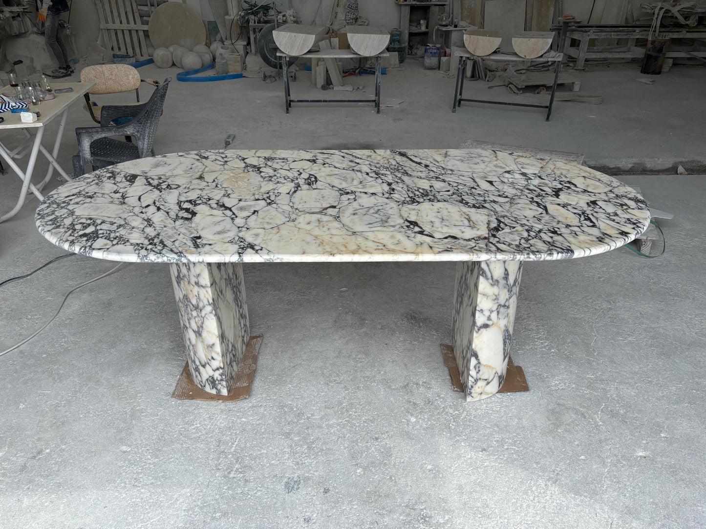Oval Calacatta Viola Marble Dining Table, Handcrafted Natural Stone