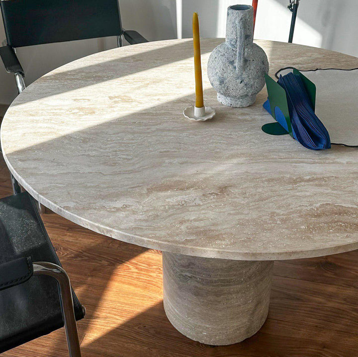 Handmade Round Travertine Dining Table, Natural Marble Stone Kitchen Table
