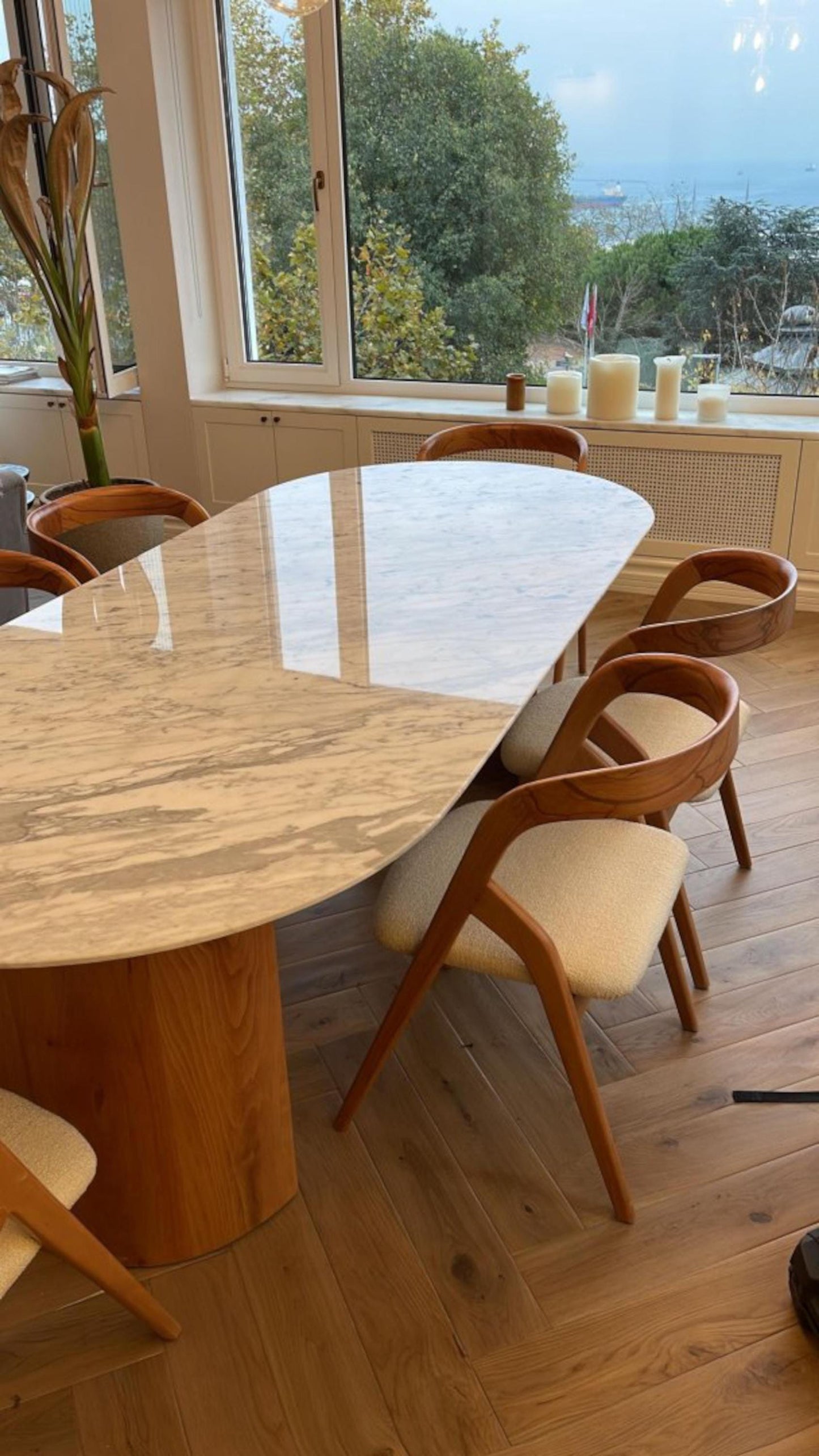 Handmade Carrara Marble Dining Table, Wooden Legs, Custom Stone Table