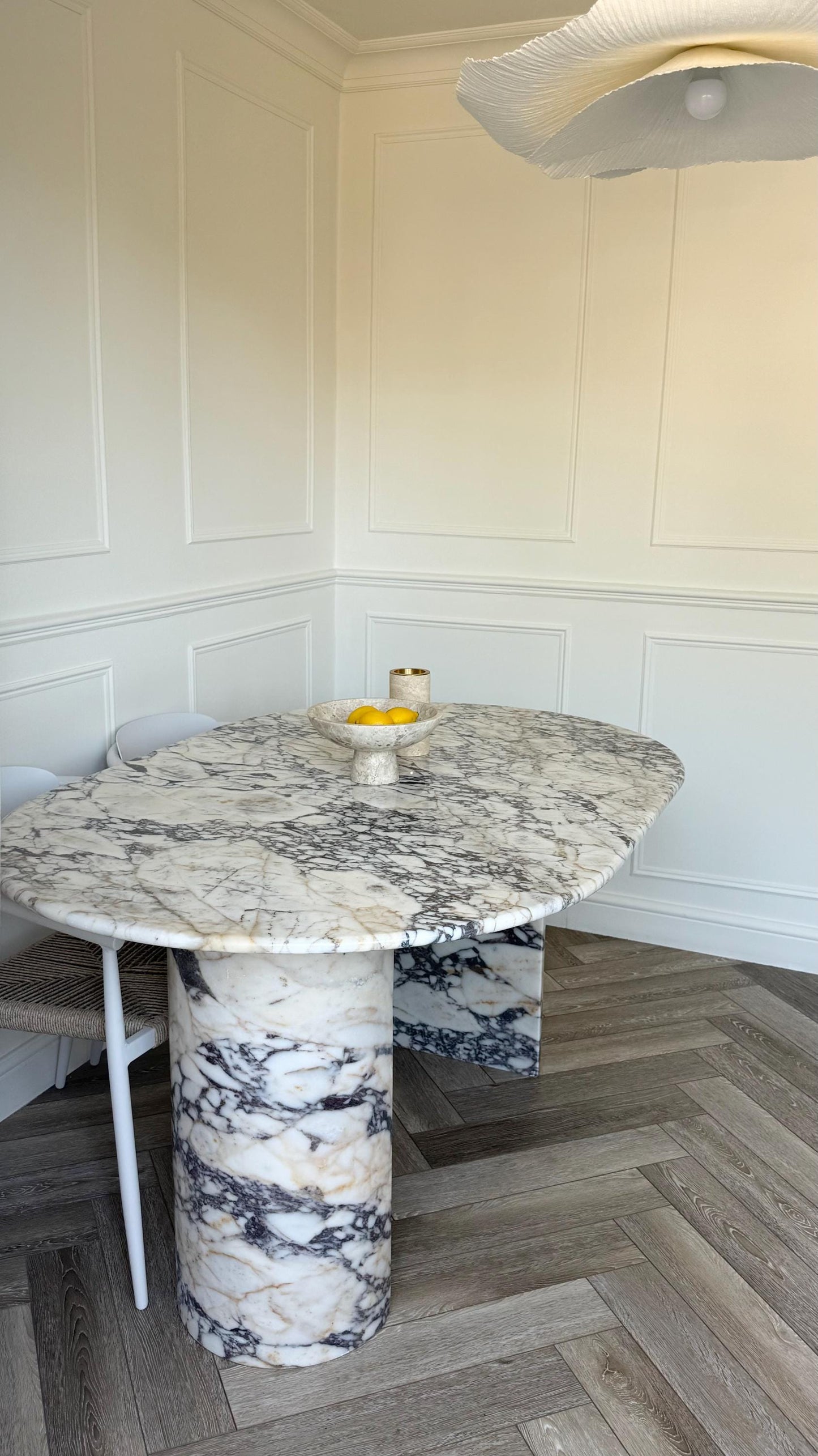 Handmade Calacatta Viola Marble Dining Table, Oval Top, Half Moon Leg