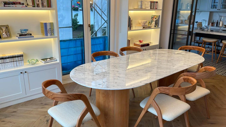 Handmade Carrara Marble Dining Table, Wooden Legs, Custom Stone Table