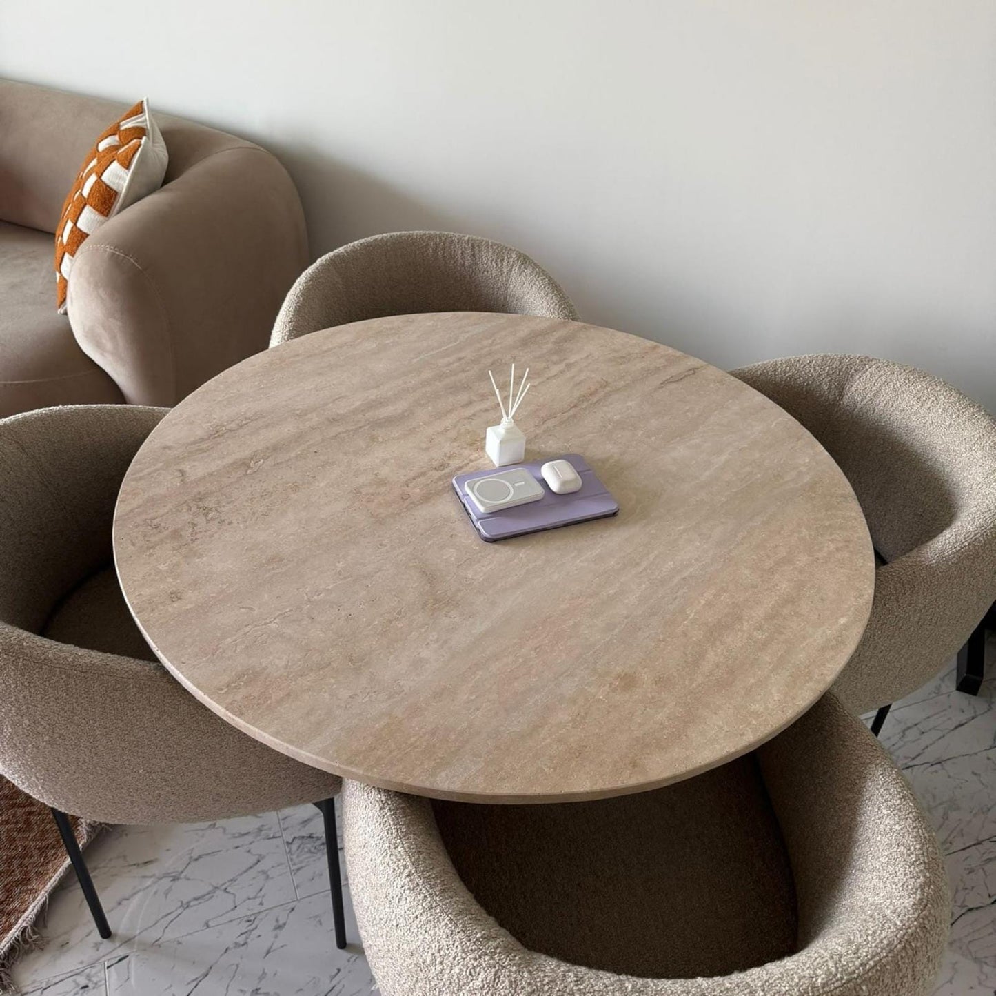 Handmade Round Travertine Dining Table - Beige Marble Kitchen Table